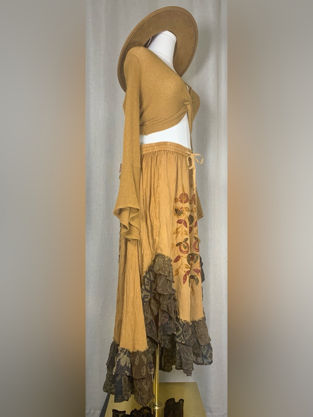 Young Threads Embroidered Boho Maxi Skirt | Camel | New - Picture 2 of 5